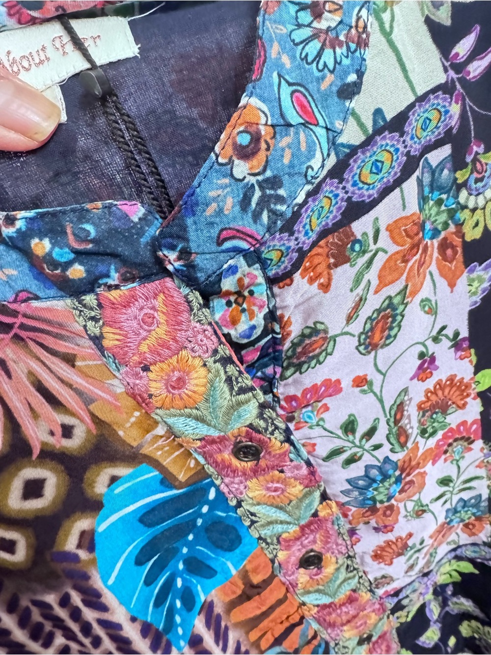 All About Her Blue Multicolor Patchwork Floral Button-Front Blouse - Picture 5 of 8